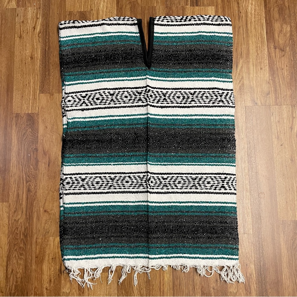 Mexican Falsa Blanket Teal PONCHO Vest Deadhead / Hippie / Easy Rider / Beach
